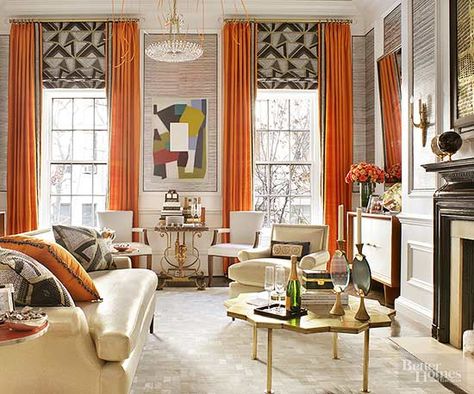 Correct way to hang curtains including measurements Short Window Treatments, Playroom Diy, Art Deco Window, Arte Art Deco, Art Deco Colors, Art Deco Curtains, Orange Curtains, Warm Color Schemes, Design Salon