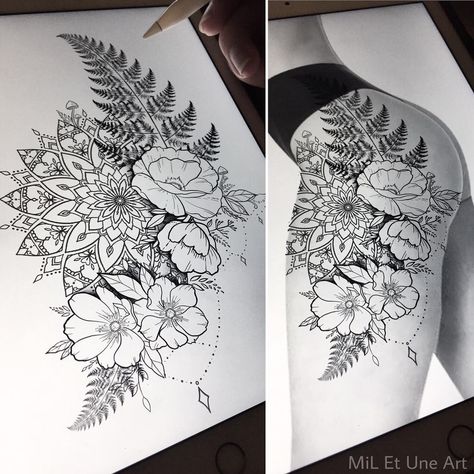 647 Likes, 14 Comments - MiL Et Une ~ Art & Tattoo (@mi_li3_art) on Instagram: “Floral thigh/hip design up for grabs ! Happy to tattoo this at one of my upcoming conventions,…” Aura Tattoos, Floral Hip Tattoo, Flower Hip Tattoos, Floral Thigh Tattoos, Hip Thigh Tattoos, Hip Tattoos Women, Tattoo Templates, Geniale Tattoos, Thigh Tattoos Women