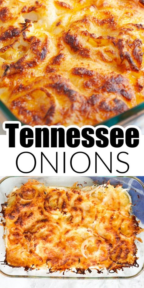 This Tennessee onions recipe is so simple but tastes amazing!!! This side dish recipe is one that everyone will want again and again. Onions, seasonings, and cheese and layered in a baking sheet and baked to golden brown perfection. Baked Onions In Muffin Tin, Recipes Using Peppers And Onions, Few Ingredient Side Dishes, Baked Onion Recipes, Peppers Side Dish Recipes, Tator Tots Recipes Side Dishes, Texas Onions, Side Dishes With Hamburgers, Supper Side Dishes