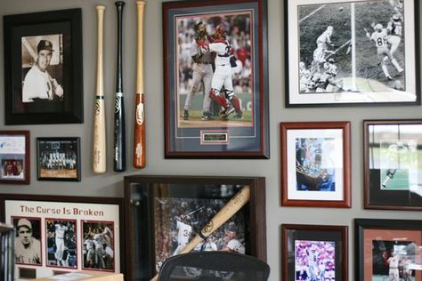 sports themed gallery wall- like this for the basement!: Sports Themed Office, Sports Memorabilia Room, Sports Pictures Display, Sports Memorabilia Display, Memorabilia Display, Sports Office, Pictures Frames, Home Bar Design, Man Cave Office