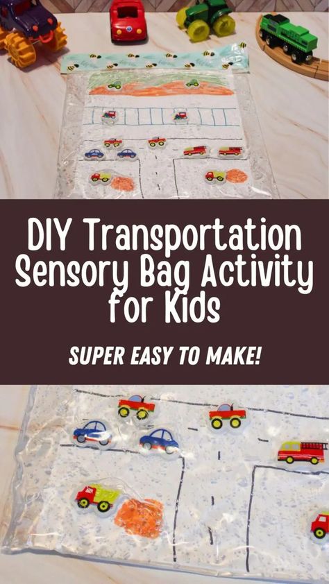 DIY Transportation Sensory Bag Activity for Kids Diy I Spy Bag, Transportation Social Emotional, Transport Activities For Babies, Transportation Sensory Bin Preschool, Transportation Activities For Infants, Vehicle Crafts For Kids, Transportation Activities For Kindergarten, Transport Activity For Kids, Transportation Toddler Activities