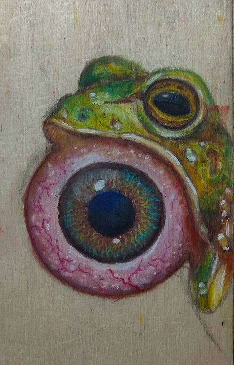 frog with big eye, surrealism, green, psychedelic, art, hippie art, rainbow, realism, realistic eye Color Pencil Surrealism, Simple Surrealism Painting, Sirealisms Drawing, Surrealism Colored Pencil, Trippy Colored Pencil Art, Strange And Fantastic Gcse, Weird Core Painting, Fantastic And Strange Gcse Art, Strange Art Surrealism