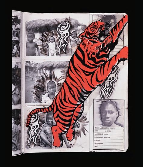 "Tiger" from Dan Eldon's journals. Dan Eldon, Painting On Photographs, Heart Journaling, Virtual Art Gallery, Treating Myself, Peter Beard, Writing Photos, He Left Me, Sketch Books