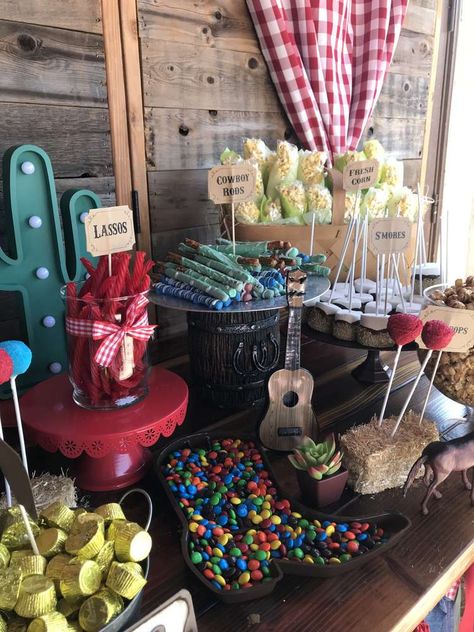 Western Birthday Party Ideas | Photo 15 of 27 | Catch My Party Stagecoach Themed Birthday, Western Sweets Table, Outdoor Western Birthday Party, Western Theme Birthday Party Boy, Western Party Dessert Table, Buckaroo Turning 2, Western Party Snack Ideas, Western Theme One Year Old Party, Buckaroo Birthday Party