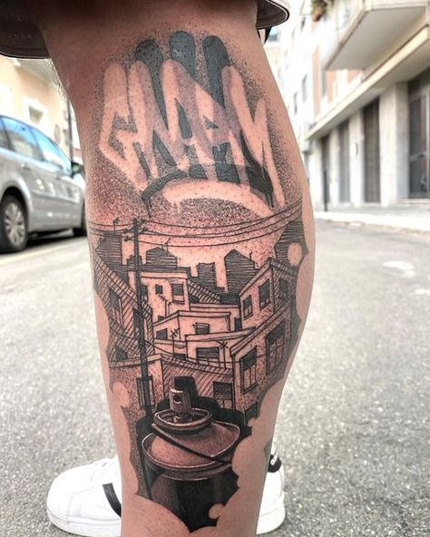 Graffiti Tattoo Ideas, Boombox Tattoo, Elements Of Hip Hop, Building Tattoo, Urban Tattoos, F Tattoo, Art Inspired Tattoos, Tattoo Graffiti, Sketch Style Tattoos