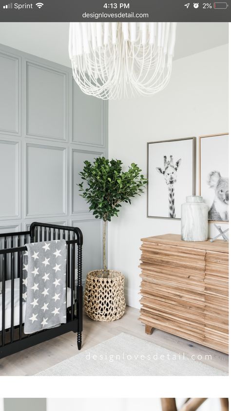 Benjamin Moore boothbay grey with Swiss coffee trim Cozy Baby Nursery, Bohemian Nursery Decor, Scandinavian Room, Nursery Trends, Scandinavian Bedroom, Chic Spaces, Baby Room Design, Nursery Baby Room, Gender Neutral Nursery