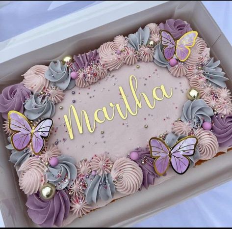 Purple And Gold Birthday Cake, Purple Butterfly Birthday, Butterfly Birthday Cake, Square Cake Design, Pastel Rectangular, Slab Cake, Sheet Cake Designs, Rectangle Cake, Butterfly Birthday Cakes