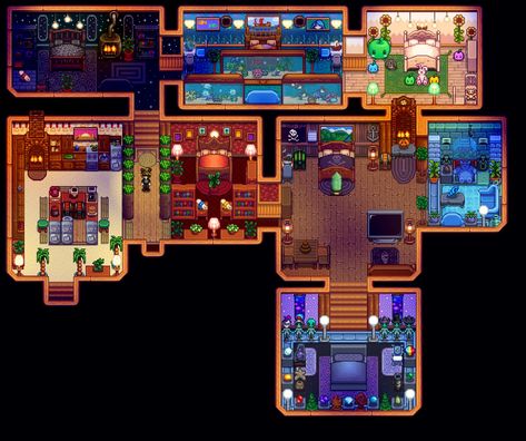 aesthetic stardew interiors with themed rooms, ocean, pirate, soft girl, greenery and sci-fi themes 1.5 endgame farm Stardew Valley Farmhouse Interior, Stardew Valley Farmhouse, Stardew Valley House, Interior Design Japanese, Stardew Farms, Farmhouse Layout, Stardew Valley Layout, Stardew Valley Tips, Stardew Valley Farms