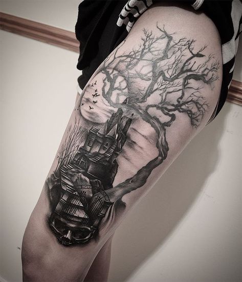 Creepy Castle Tattoo, Horror House Tattoo, Gothic Tattoos For Women Dark Beauty, Creepy Tree Tattoo, Halloween Sleeve Tattoo For Women, Halloween Sleeve Tattoo, Gothic Tattoos For Women, Halloween Tattoos For Women, Dark Tattoos Creepy Beautiful