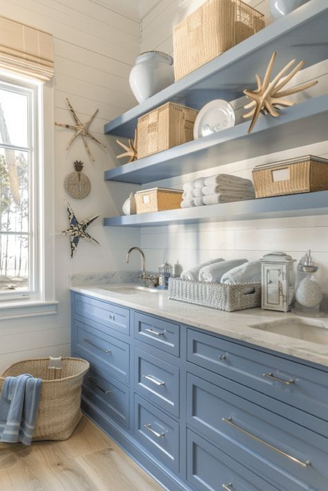 Coastal Mud Rooms, Laundry Room Beach House, Laundry Room Ideas Blue, Beach House Mudroom, Black And White Floors, Room Ideas Blue, House Mudroom, Color Tile Backsplash, Creative Design Ideas