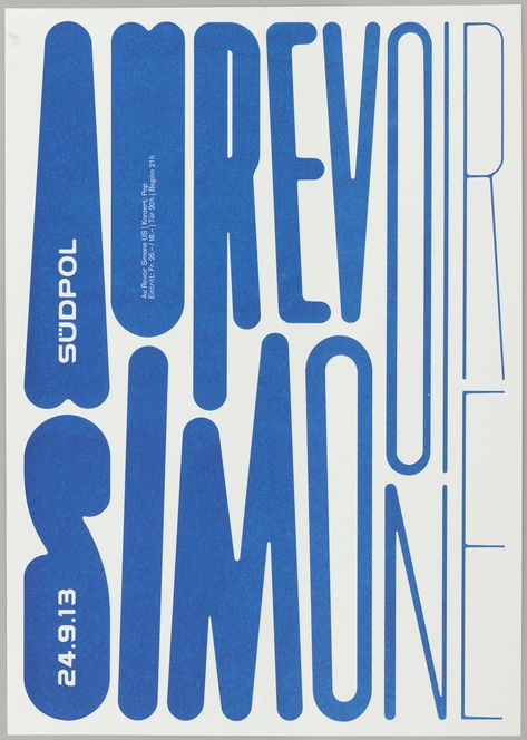 Text "AU REVOIR" and beneath it "SIMONE" is printed in blue letters.  As the letters progress from left to right across the page, they become more condensed and linear. Inspiration Typographie, Visuell Identitet, Typo Poster, Graphisches Design, 타이포그래피 포스터 디자인, Typographic Poster, Type Posters, Typographic Design, Typography Letters