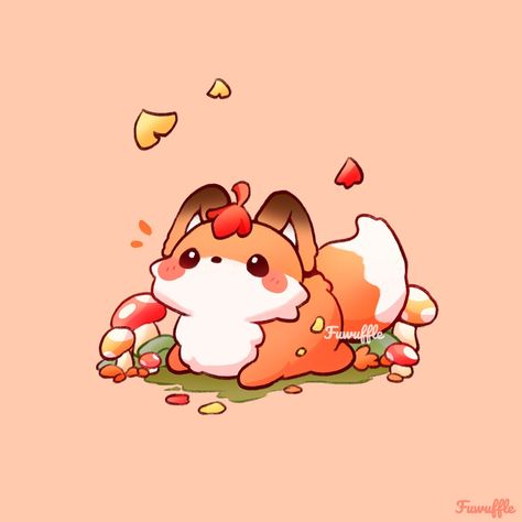 Fox Mushroom Art, Cute Fox Art Kawaii, Cute Fox Cartoon, Fox Cottagecore, Dnd Pets, Cute Forest Animals, Fall Drawings, Autumn Breeze, Cute Kawaii Animals