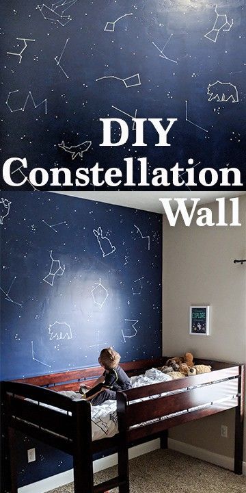 DIY Constellation Wall - Constellation mural wall DIY project and tutorial for painting one in your nursery or kids bedroom. Our star and space themed kids bedroom with constellations, stars, astronauts, planets, and counting sheep corner. Two kids in a shared bedroom with a low loft bed and a crib. Neutral decor for both genders, boy and girl. Diy Space Bedroom Decor, Star Mural Nursery, Kids Space Wallpaper, Diy Constellation Wall, Diy Space Theme Decor, Messi Bedroom, Constellation Mural, Kids Room Murals Diy, Planet Room