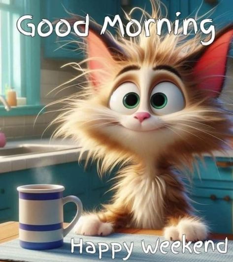 Hello Saturday Good Morning, Good Morning Happy Weekend, Happy Weekend Images, Saturday Morning Quotes, Good Morning Cat, Saturday Vibes, Hello Saturday, Enjoy The Weekend, Funny Day Quotes