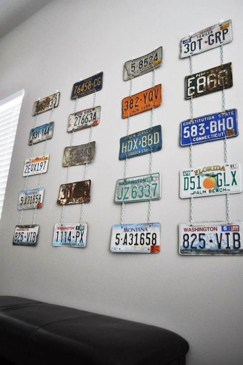 License Plate Garage Decor, Garage Decor Ideas, Car Guy Room Ideas, Vintage Car Themed Bedroom, License Plate Wall Decor Bedroom, Man Cave Car Theme, License Plate Wall Decor, Old Car Room Decor, License Plate Wall