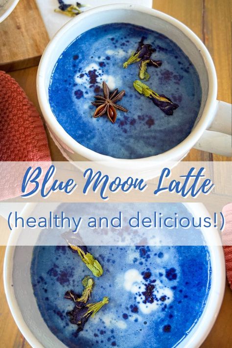 This Blue Moon Latte is made with only 2 ingredients. It's loaded with antioxidants and benefits for your skin, hair, and nails. Plus, it's delicious! Make yourself one of these gorgeous lattes today! Blue Moon Milk Recipe, Moon Milk Tea, Moon Milk Recipe For Sleep, Blue Moon Drinks, Juice Cart, Moon Drink, Harvest Punch, Moon Milk Recipe, Blue Latte