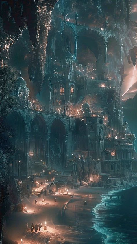 Mystical Kingdom Art, Fantasy Locations Art, Fantasy Structures Concept Art, Magic City Aesthetic, Underworld City, Fantasy World Aesthetic, King Hades, Fantasy World Art, World Concept Art