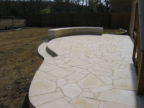 White Flagstone patio constructed by OL' Yeller Landscaping, Austin, TX. Limestone Flagstone Patio, White Flagstone Patio, White Flagstone, Cottage Courtyard, Cape Cottage, Limestone Patio, Pavers Design, Custom Water Feature, Plant Installation