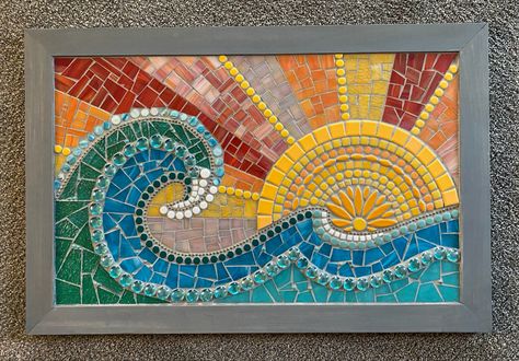 15" x 24" #mosaicsun #mosaicwaves Wave Mosaic Art, Waves Mosaic Art, Ocean Mosaic Art, Rectangular Mosaic Patterns, Geometric Mosaic Art, Mosaic Pictures Ideas, Sun Mosaic Art, Mosaic Art Beginners, Mosiac Tile Art