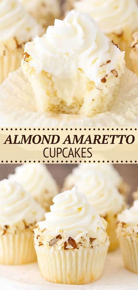 Foods For Gatherings, Amaretto Wedding Cake, Fluffy White Cupcakes, Amaretto Food Recipes, New Cupcake Ideas, Amaretto Deserts, Fruity Cupcake Flavors, Best Filled Cupcake Recipes, New Cupcake Flavors Ideas