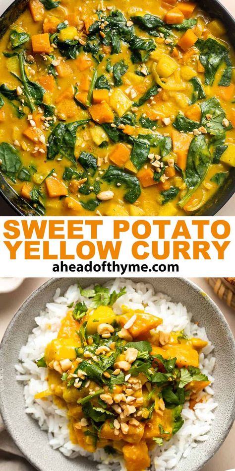 Thai Curry Recipes Vegetarian, Thai Sweet Potato, Sweet Potato Vegetarian, Yellow Curry Recipe, Curry Recipes Vegetarian, Coconut Curry Sauce, Healthy Bowls Recipes, Thyme Recipes, Yellow Curry