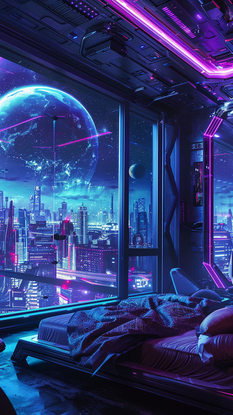 Cyberpunk Office Design, Cyberpunk Space Aesthetic, Futuristic City Cyberpunk, Cyberpunk Bedroom Aesthetic, Bedroom Cyberpunk, Space Station Aesthetic, 80s Cyberpunk Aesthetic, Cyberpunk Furniture, Sci Fi Living Room