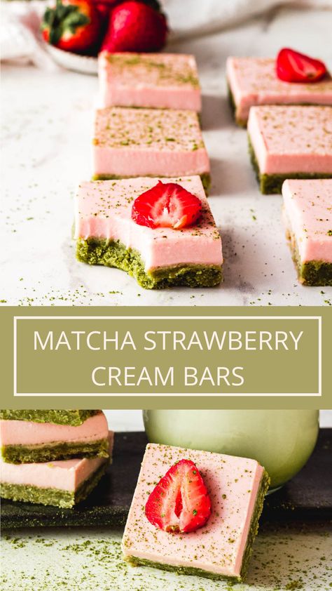 These matcha strawberry cream bars are the perfect spring dessert and are great for matcha lovers. They're made with buttery matcha shortbread topped with a thick layer of strawberry cream. #matchadessert Matcha Shortbread, Dessert Spring, Matcha Dessert Recipes, Matcha Baking, Matcha Strawberry, Matcha Dessert, Spring Dessert, Matcha Recipe, Spring Desserts