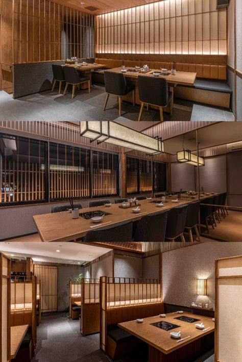 Modern Japanese Interior, Sushi Bar Design, Japanese Elements, Japanese Restaurant Interior, Japanese Restaurant Design, Japanese Bar, Rooftop Terrace Design, Wood And Concrete, Shabu Shabu