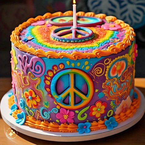 Peace Out Birthday Cake, 60s Birthday Party Ideas For Men, 60s Themed Cake, Peace Birthday Party, Hippie Cakes Birthdays, 70s Themed Cake, Hippie Cake Ideas, 70s Cake Ideas, Hippie Party Food