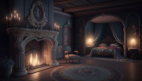 Palace Bedroom Royal Dark, Dark Fantasy Bedroom Concept Art, Bedroom Castle Aesthetic, Fantasy Queen Bedroom, Royal Bedroom Background, Fantasy Medical Room, Fantasy Bedroom Concept Art Royal, Midevil Bedrooms, Blue Castle Bedroom