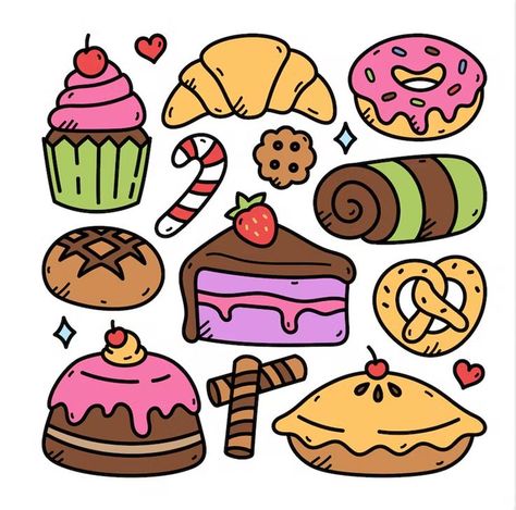 Bakery Doodle Art, Food Doodle Art Illustrations, Sweets Drawing Easy, Baking Art Illustration, Baked Goods Drawing, Cake Doodle Drawing, Cartoon Cake Drawing, Cute Cake Illustration, Sweets Doodles