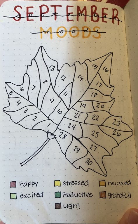 Leaf Mood Tracker September Fall Bullet Journal Bujo Bullet Journal Simple, Bullet Journal Mood Tracker, Bullet Journal September, Minimalist Bullet Journal, Penanda Buku, Bullet Journal 2019, Bullet Journal Ideas Templates, Creating A Bullet Journal, Bullet Journal Mood Tracker Ideas