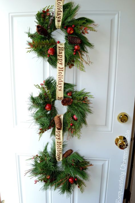 Exquisitely Unremarkable : Rustic Triple Wreath Real Christmas Wreaths, Real Christmas, How To Hang, Hanging Wreath, Holiday Fabric, Easy Christmas Diy, Handmade Christmas Ornaments, Diy Holiday, Rustic Christmas