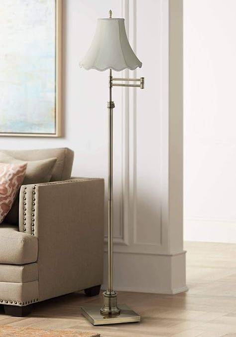 360 Lighting Westbury Traditional Swing Arm Floor Lamp Adjustable Height 70" Tall Antique Brass Imperial Scalloped Creme Fabric Bell Shade Decor for Living Room Reading House Bedroom Home - Amazon.com Creme Fabric, Copper And Grey, Linen Lamp Shades, Floor Lamp Styles, Traditional Floor Lamps, Adjustable Floor Lamp, Contemporary Floor, Arm Floor Lamp, Contemporary Floor Lamps