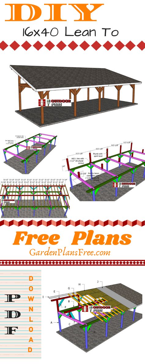 This is a step by step project on how to build a 16x40 pavilion with a lean to roof. The structure is sturdy and it features a sturdy structure. Full CUT list. PREMIUM Plans also available. PDF download. #pavilion #gazebo #largeleanto Free Gazebo Plans, Lean To Pavilion, Lean To Carport, Building A Carport, Diy Carport, Carport Patio, Lean To Roof, Pavilion Plans, Diy Gazebo