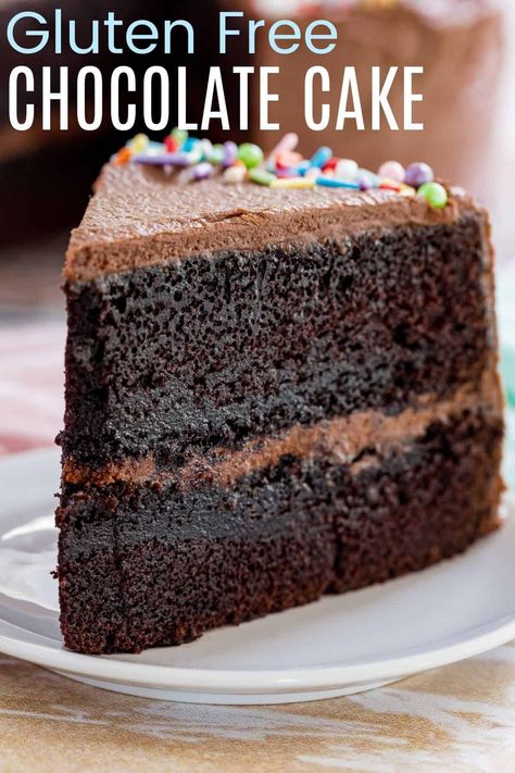 Gluten Free Chocolate Cake - the ultimate gluten free cake recipe, you won't believe how unbelievably decadent it is, especially with rich chocolate frosting! Nobody will ever believe it is gluten free. And it's easy to make as a layer cake or a snack cake in a sheet pan. Chocolate Cake Cupcakes, Gluten Free Chocolate Cake Recipe, Mud Cake Recipes, Homemade Chocolate Frosting, Gluten Free Cake Recipe, Gluten Free Chocolate Cake, Easy Gluten Free Desserts, Homemade Chocolate Cake, Cookie Cake Recipe