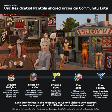 New Lot Traits : Use Residential Rentals shared areas as Community Lots Sims 4 City Living, San Myshuno, Sims 4 Challenges, Active Family, Play Sims, Casas The Sims 4, Sims 4 Gameplay, High School Years, A Little Life