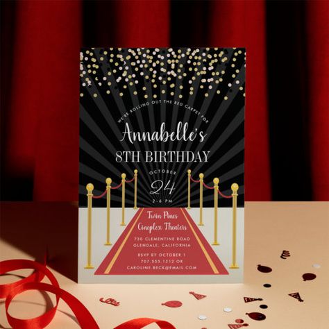 Hollywood Red Carpet Birthday Party Invitation for $2.92 - Birthday Invitations Red Carpet Birthday Party, Hollywood Invitations, Red Carpet Birthday, Hollywood Birthday Parties, Elegant Birthday Invitations, Hollywood Birthday, Masquerade Prom, Prom Event, Movie Night Birthday Party