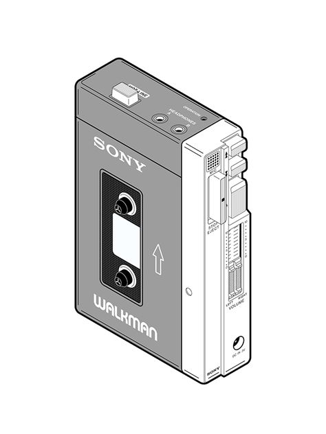 Sony Walkman Portable audio cassette player (Model TPS-L2)  Designer: Nobutoshi Kihara  Dimensions: 150 x 90 x 35 mm  Year produced: 1979  TPS-L2 had a "hotline" button which activated a built-in microphone, partially overriding the sound from the cassette, and allowing one user to talk to the other over the music.   Technical illustration Sony Walkman Tps-l2, Walkman Illustration, Technical Design, Sony Design, Sony Walkman, Technical Illustration, Cassette Player, Retro Gadgets, Audio Design