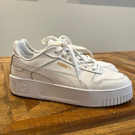 Women's Carina Street Sneaker - White/Gold. Size 8 Mid Top Sneakers Outfit, Puma Sneakers Womens Outfit, Puma Carina Sneakers, Puma Sneakers Womens, Puma Carina, 2024 Ideas, Gold Sneakers, Mid Top Sneakers, Hype Shoes