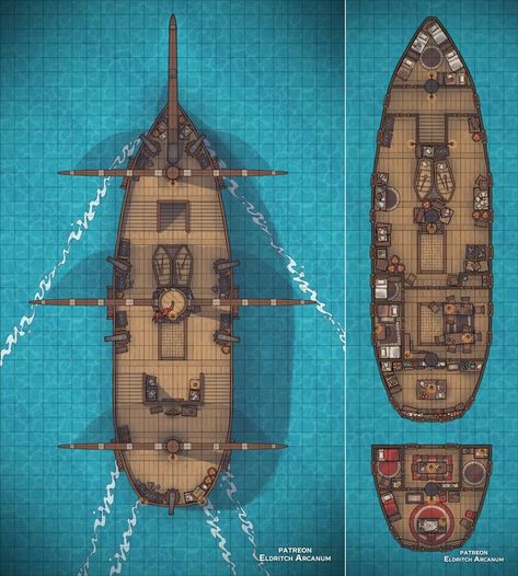 Sailing Ship ✦ Master Post | Patreon Dnd Boat Battle Map, Dnd Boat Map, Dnd Ship Battle Map, Steampunk Ship, Dnd Table, Pirates Illustration, Pirate Boats, Ship Map, Navi A Vela