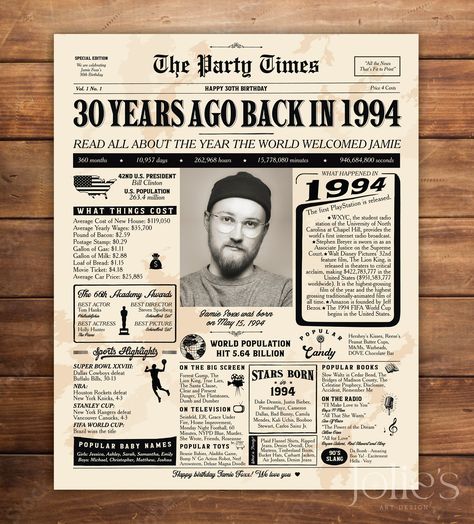 "Personalized 30th Birthday Poster, 1994 Printable Newspaper Sign - Style 20 A fun birthday poster filled with facts, events, and tidbits from 1994. Makes an excellent gift or party decoration!  DIGITAL PRINTABLE FILES ONLY! No physical prints will be sent   NO shipping cost! Digital file will be emailed to you   There are some good printing services you can reference: - Walgreens: http://photo.walgreens.com - Staples: www.staples.com - Vistaprint: www.vistaprint.com - Costco: www.costcophotocenter.com/Home - Shutterfly: www.shutterfly.com/prints/collage-posters MAIN FEATURES: * Digital printable files with custom size of your choice (16\"x20\", 11\"x14\", 20\"x30\", etc.). * Includes two JPG files and a PDF version with high resolution of the same print. * All files are 300 DPI High Resol Printable Newspaper, 30th Birthday For Him, 60th Birthday Poster, Prints Collage, Collage Posters, 30th Birthday Themes, Happy 30th Birthday, Sign Board, Birthday For Him