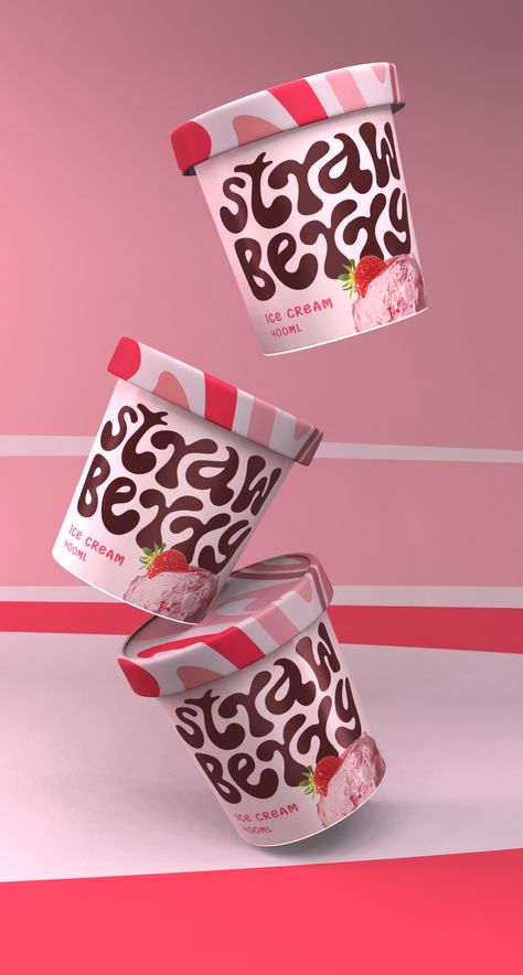 Strawberry Ice Cream Packaging, Strawberry Packaging Ideas, Ice Cream Packing Design, Ice Cream Product Design, Packaging Ice Cream Design, Ice Cream Packaging Design Creative, Ice Cream Package Design, Milkshake Branding, Groovy Packaging