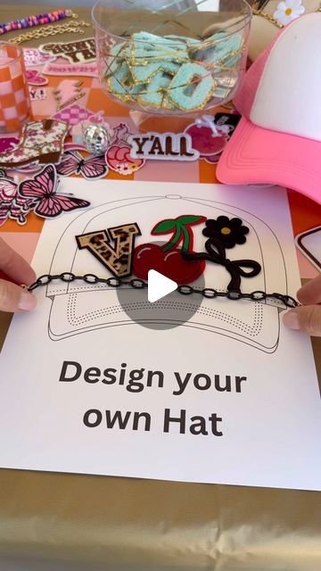 Amanda Albrecht your Real Estate Bestiee on Instagram: "DIY hat Bar party! This is a fun activity for girls night or a Birthday party and easy to set up!

On a table set out an assortment of hats, they come in many fun colors. On another table set out an assortment of iron on patches. The options are endless and the more you have the more unique the hats will be. 

I also included hat jewelry these come in many styles, shapes and colors and really make the hats special. It’s easier to design on a flat surface so I included print outs of hats for guests to design on! 

Once everyone has their hat designed how they want them, you use a mini heat press or hat press to iron on the patches. 

It’s fun to see everyone’s personality shine through their hat and it doubles as a take home party favo Build Your Own Goodie Bag Bar, Craft And Sip Party Ideas, Hat Press Ideas, Hat Bar Set Up Ideas, Hat Decorating Party, Home Birthday Party Activities, Diy Hat Bar Party, Hat Party Ideas Ladies, Patch Party Birthday