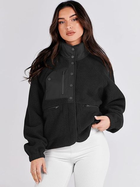 ANRABESS Women's Fleece Jacket Button Down Shacket Casual Sherpa Cropped Coats Warm Outwear with Pockets Fleece Jacket Womens, Azalea Wang, Flannel Jacket, Bolero Jacket, Anorak Jacket, Cute Jackets, Pocket Jacket, Contrast Collar, Sherpa Jacket