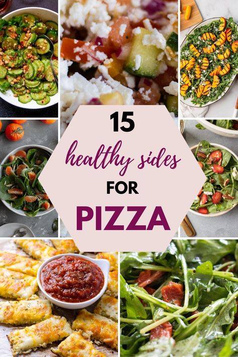 Complete your pizza night with some amazing sides! You're sure to find some new favorites in this list of 15 healthy sides for pizza. Now a pizza packs a lot of carbs & fat - so when I think pizza sides, I think light, green and healthy. Lots of salads - from green versions to fruity and extra cheesy versions - and a few extra veggie loaded options, or how about some cheesy cauliflower breadsticks? Make your pizza party complete with one of these amazing options! Sides For Pizza, Pizza Side Dishes, Pizza Sides, Cauliflower Breadsticks, Party Side Dishes, Grilled Peach Salad, Pizza Dinner, Pizza Salad, Salads To Go