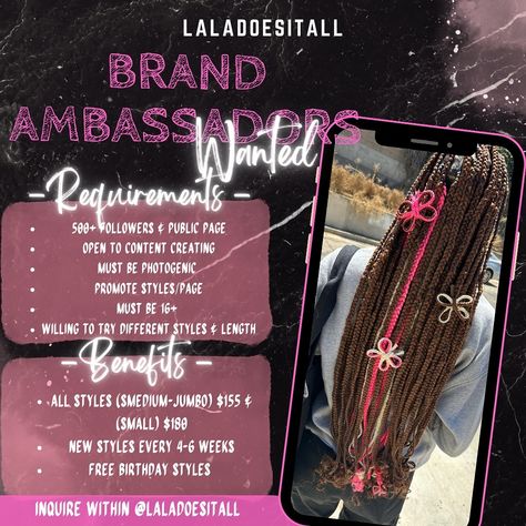 Hey loves, I’m looking for 4 new brand ambassadors to represent @laladoesitall 🚨!! I’m looking for someone who is open to trying new styles and lengths, super photogenic, and willing to getting there hair done every 3-6 weeks. Who is also willing to stay consistent and promote my business. 🎀 To enter you must ⬇️ • be following @laladoesitall & @dxreallsexcfxce • like and comment “interested” on this post • repost this post and tag @laladoesitall Follow @laladoesitall for more content ✨ ... Hair Boutique, Business Marketing Plan, Stay Consistent, Hey Love, 500 Followers, Hair Done, Like And Comment, Looking For Someone, Brand Ambassador