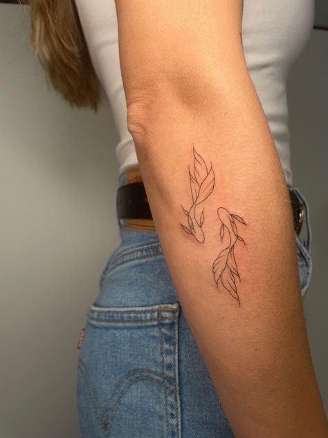 Sticker Back Tattoos For Women, Touch Of Life Tattoo, Koi Tattoo Sketch, Dainty Coy Fish Tattoo, Word Coverup Tattoo Ideas, 3 Small Tattoos In A Row, Koi Fish Elbow Tattoo, Joy Fish Tattoo, Koi Ankle Tattoo