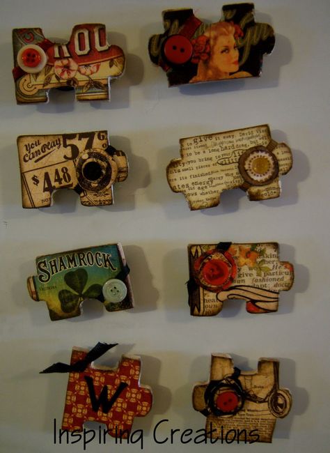 Turn puzzle pieces into cool magnets. This is great for when you have missing pieces and can't use a puzzle anymore. Recycled Crafts, Puzzle Piece Art, Puzzle Piece Crafts, Mod Podge Projects, Puzzle Crafts, Puzzle Art, Cool Ideas, Scrapbook Embellishments, Crafty Craft