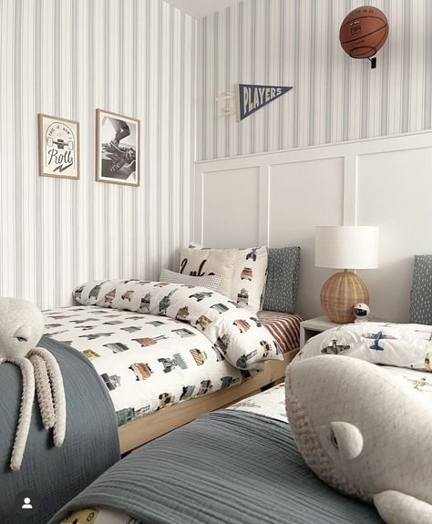 Little Boy Rooms Ideas, Kindergarten Boy Bedroom Ideas, Toddler Big Boy Room Ideas, Train Toddler Room, Toddler Blue Room, 2 Toddler Beds In One Room, Classic Little Boys Room, Toddler Room Inspo Boy, Shared Brothers Room